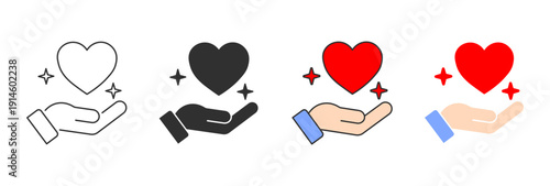 heart and hand icons. hand with heart and star single icon set for charity and wellness