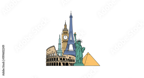 World landmarks illustration, famous travel destinations icons composition.