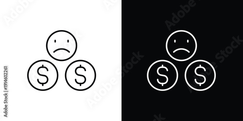 Icon illustrating financial distress with a sad face above dollar coins, symbolizing debt, economic hardship, or poor investment outcomes