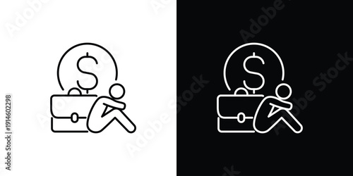 Minimalist line art icon representing financial hardship, job loss, or economic distress, with a dejected figure beside a briefcase and dollar sign, symbolizing crisis and debt