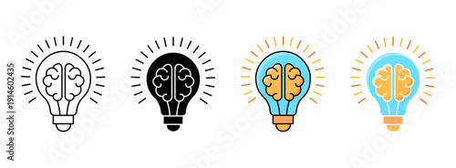 brain lightbulb icons. set of four light bulb icons with a brain inside representing creative thinking and innovation