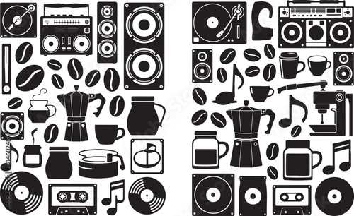 Black and white coffee and music equipment beans