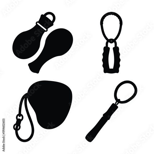 A set of simple percussion instruments featuring shakers, rattles, and hand percussion in silhouette form