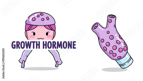 Cute growth hormone character illustration, pituitary gland mascot for medical education.