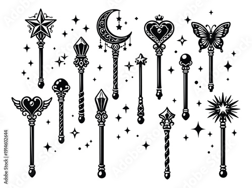 Hand drawn line art magic wand set featuring celestial, heart, and crystal designs for fantasy stories