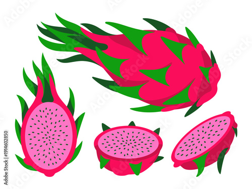 Vibrant pink dragon fruit whole and sliced showing speckled flesh and green scales
