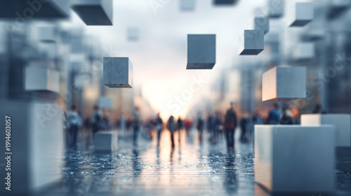 Individuals stand within softly glowing transparent cubes, representing comfort, safety, and the quiet fear of change beyond familiar boundaries.