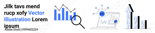 Business analytics, data visualization, growth tracking, market research, performance insights, financial reporting. Charts, graphs magnifying glass and growth arrows. Business analytics and data