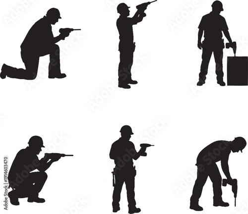 Construction Worker Silhouette Set Using Power Drill – Builder Vector Icons Isolated on White