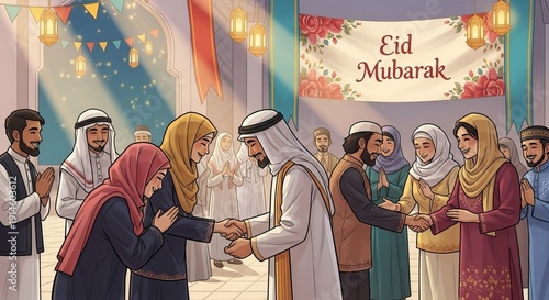 Illustration of Muslim people shaking hands and asking forgiveness during Eid al-Fitr, symbolizing unity, peace, and tradition