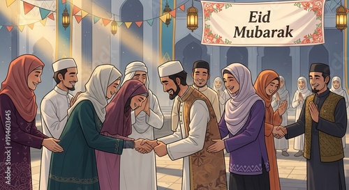 Illustration of Muslim people shaking hands and asking forgiveness during Eid al-Fitr, symbolizing unity, peace, and tradition