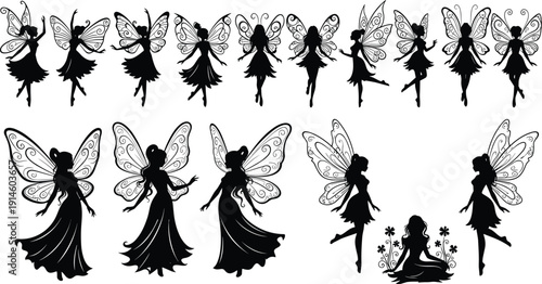Fairy Silhouette Collection Black Vector Illustration Set of Magical Winged Pixie Characters with Decorative Butterfly Wings Isolated on White Background