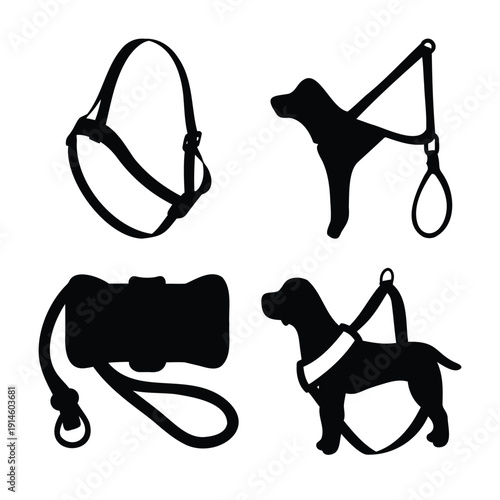 Illustrative silhouettes of dog muzzles, collars, harnesses, and leashes for pet training