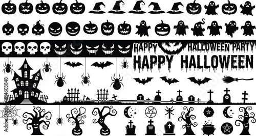 Black silhouette set of Halloween icons, pumpkin, ghost, skull, bat, haunted house, graveyard and spooky trees