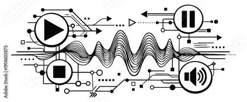Abstract line art audio technology set featuring media player controls and a sound wave for digital music and data transfer