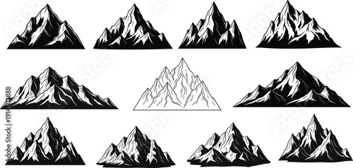 Black silhouette set of high mountain peaks and rocky ranges, outdoor adventure summit, cad drawing flat vector illustration, isolated.