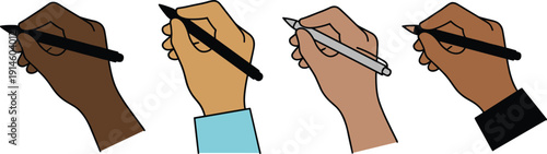 Diverse hands holding pen and pencil writing together, multicultural illustration of creativity education communication and signature concept