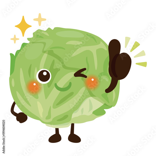 グッドサインを出すレタスキャラクターイラスト／Cute Lettuce Character Illustration Giving a Thumbs-Up