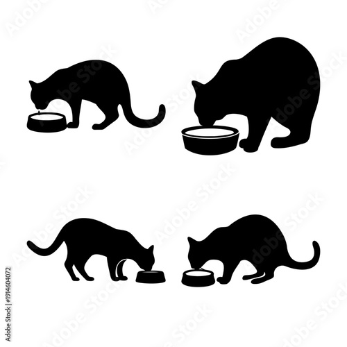 Black cat silhouettes enjoying a meal from their bowls, illustrating pet feeding