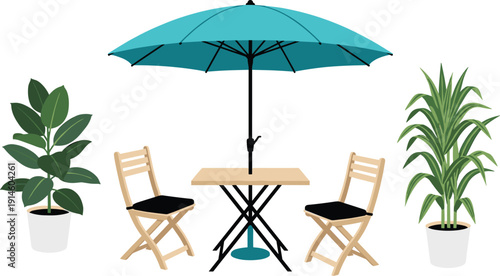 Outdoor cafe table and chairs under umbrella, patio furniture setup with potted plants for garden terrace illustration