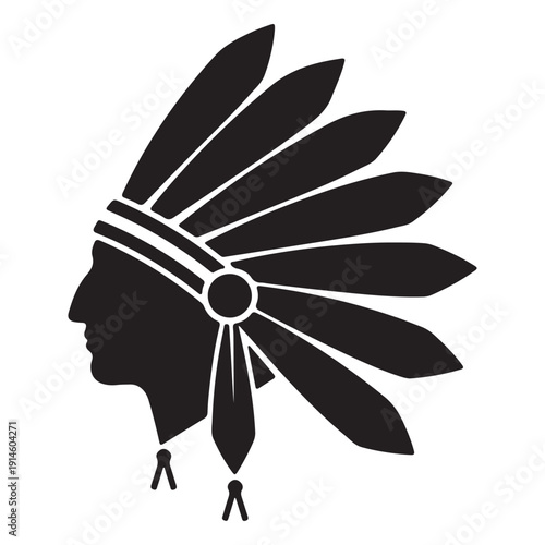 This graphic illustration features a black silhouette of a person in profile view, facing left. The figure wears a traditional Native American-style feathered headdress, also known as a war bonnet. La