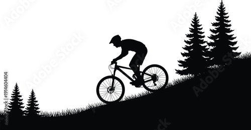 Mountain bike rider silhouette cycling uphill on forest trail isolated on white background, outdoor adventure sport concept, extreme biking nature landscape illustration