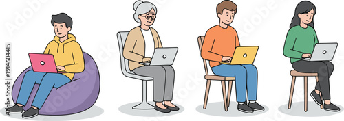People using laptops illustration, diverse ages working online, remote work lifestyle concept, digital learning, freelance jobs, modern technology, isolated background