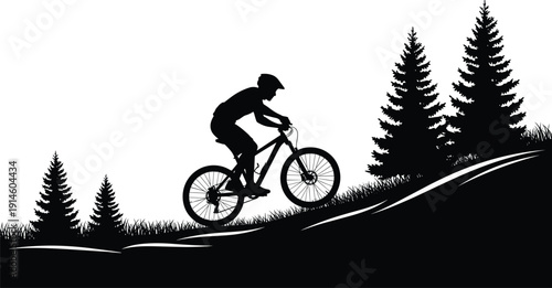 Mountain biker silhouette riding uphill trail in nature landscape with pine trees, outdoor adventure cycling concept, extreme sport activity isolated illustration design