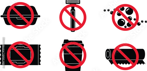 No Single Use Plastic Icon Set, Zero Waste Prohibition Symbols Collection