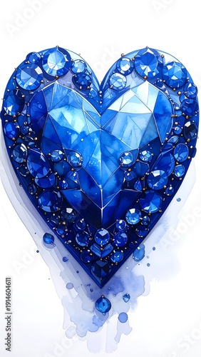 Shiny blue heart composed of various geometric faceted jewels on a white background