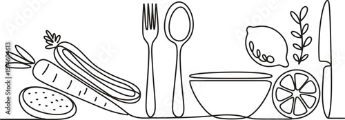 Black and white line of vegetables, utensils, and a bowl on a table carrot
