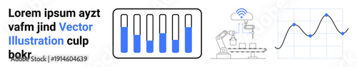 Test tubes with samples, robotic machinery, wireless technology, and data graphing emphasize automation, innovation, and precision. Ideal for science, data analysis, technology AI research