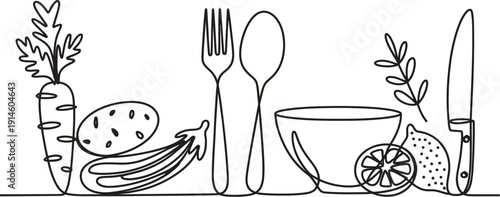 Black and white of vegetables, utensils, and fruits on a table carrots potato