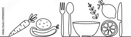 Simple line of vegetables, utensils, and a bowl with a lemon and knife carrot potato