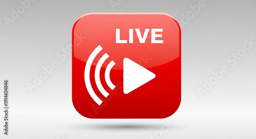 Red live streaming icon with play button and signal waves on gray background