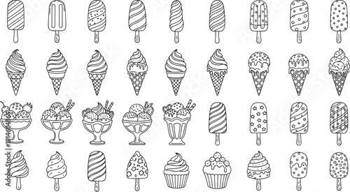 Black line icon set of various ice cream cones, popsicles, sundaes and frozen desserts,