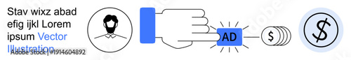 Digital marketing, financial transactions, ad management, user targeting, monetization, technology trends. Hand clicking on ad icon, dollar sign profile avatar. Digital marketing and financial