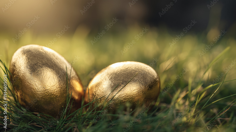 Obraz premium Golden Easter Eggs on Grass in Soft Sunlight