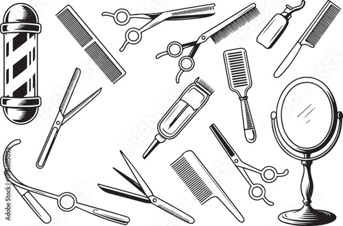 Hair salon doodle icons set with barber tools, scissors, combs and styling accessories