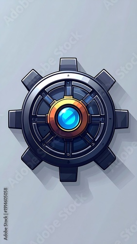 Stylized gear with central blue jewel on a pale background with soft shadow
