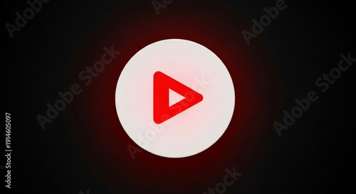 Glowing red play button icon on dark background for media playback