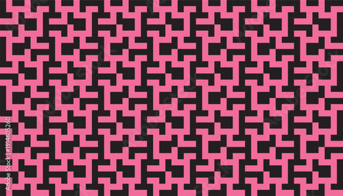 Seamless geometric pattern featuring an interlocking offset lattice in pink and black. Abstract vector background with a high-density, rhythmic block tessellation