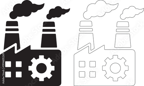 Black and white factory gear icons with smoke for industry concept