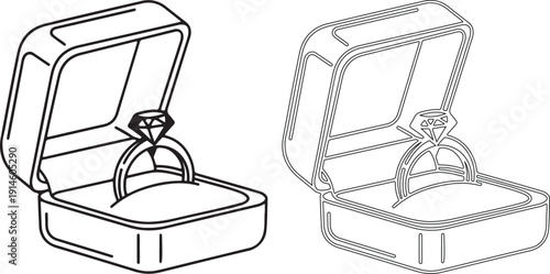 Two black and white line art images of diamond rings in open jewelry boxes