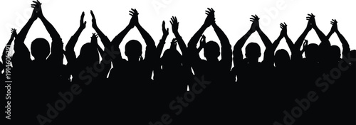 Crowd cheering silhouettes with raised hands isolated on white background, audience applause concept, concert fans celebration, festival party people illustration for entertainment events design