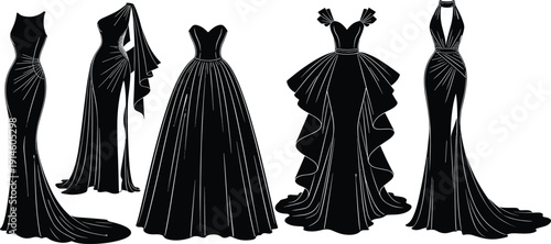 Elegant evening gown silhouettes collection isolated on white background, luxury fashion dresses set, formal female clothing design, haute couture style illustration for glamour events