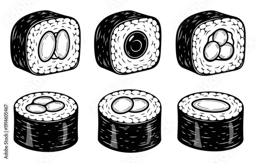 Black And White Sushi Rolls With Different Fillings White Background food japanese