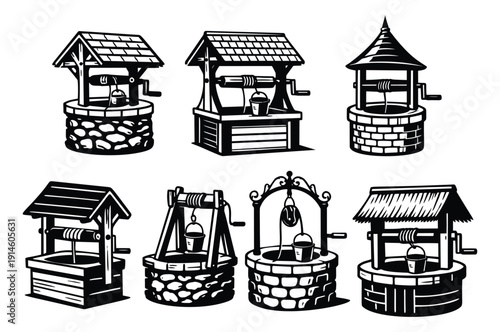 Vintage hand drawn line art water well set featuring traditional designs with buckets for design projects