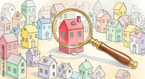 Magnifying glass focusing on red house among colorful homes
