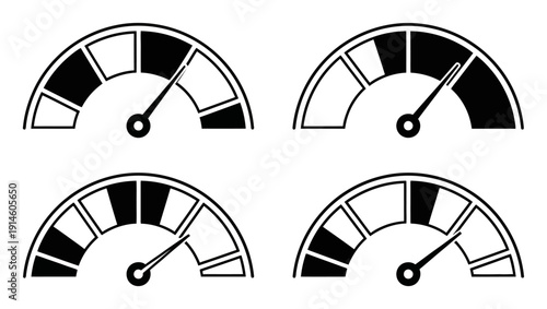 Black Speedometer Gauges Showing Different Levels White Background indicator